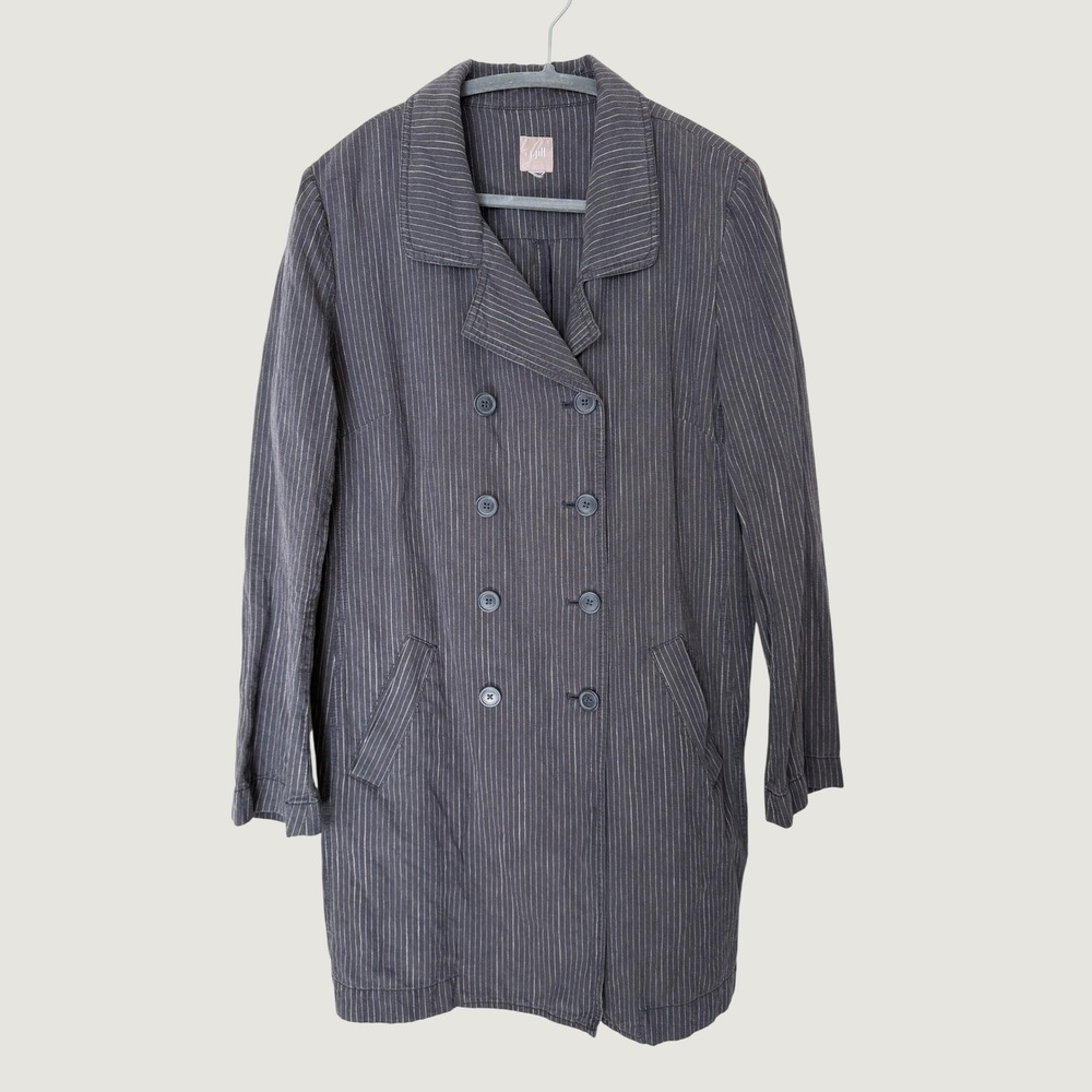 J. Jill Pinstripe Double Breasted pea coat Linen Blend Gray White Size M 11-9208
